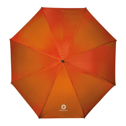 Orange umbrella with automatic opening mechanism.