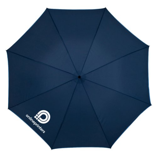 Blue automatic umbrella with pattern and comfortable handle.