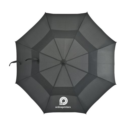 Black golf umbrella with wind vent and automatic opening mechanism.