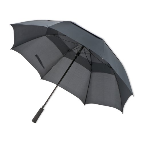 Dark gray golf umbrella with wind vent and curved handle.