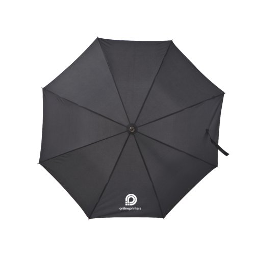 Black automatic umbrella with canopy and handle.
