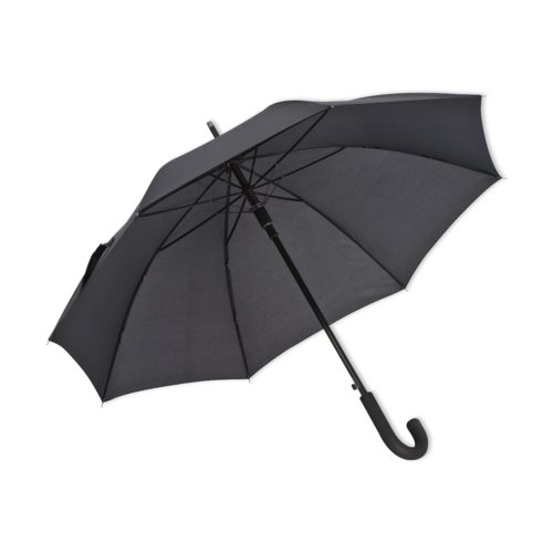 Black automatic umbrella with curved handle.
