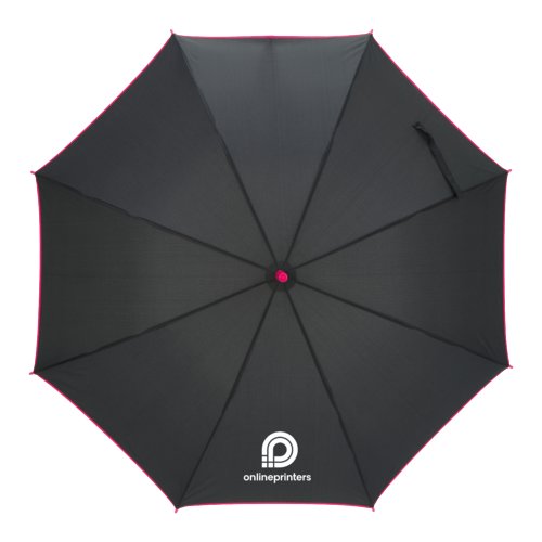 Pink automatic umbrella with cover and handle.