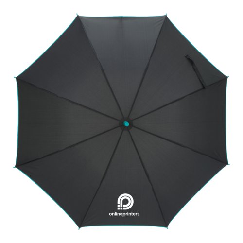 Turquoise automatic umbrella with canopy and comfortable handle.