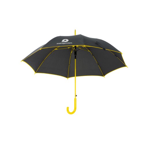 Black automatic umbrella with yellow handle and yellow accents.