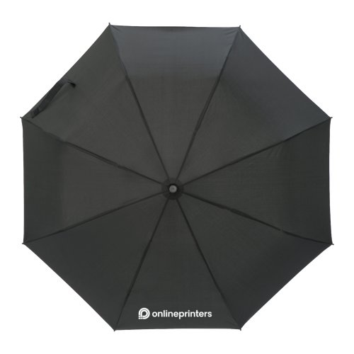 Black pocket umbrella with manual opening mechanism and protective cover.