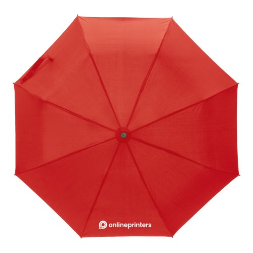 Red pocket umbrella with a manual opening mechanism.