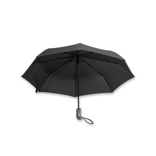 Black pocket umbrella with manual opening mechanism.
