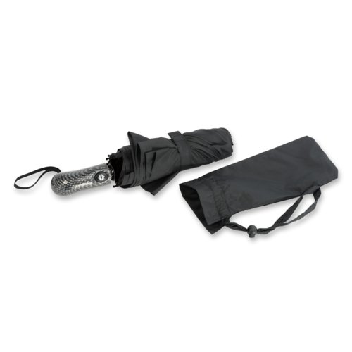 Black pocket umbrella with cover and wrist strap.