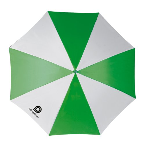 Green and white automatic umbrella with large canopy.