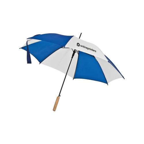 Blue automatic walking umbrella with wooden handle.