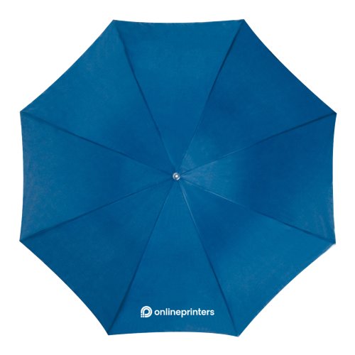 Blue automatic walking umbrella with cover and handle.