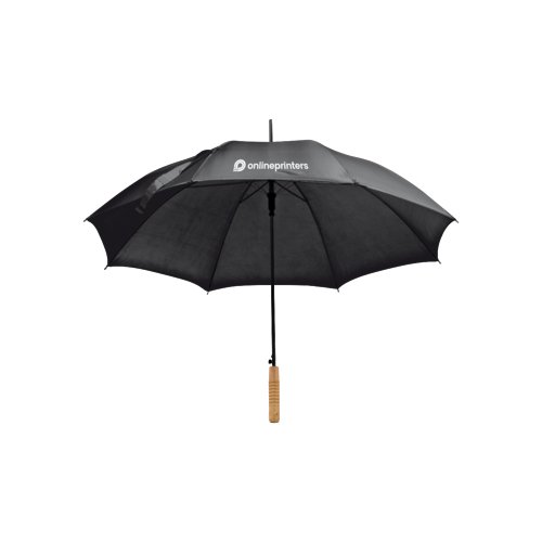 Black automatic stick umbrella with wooden handle.