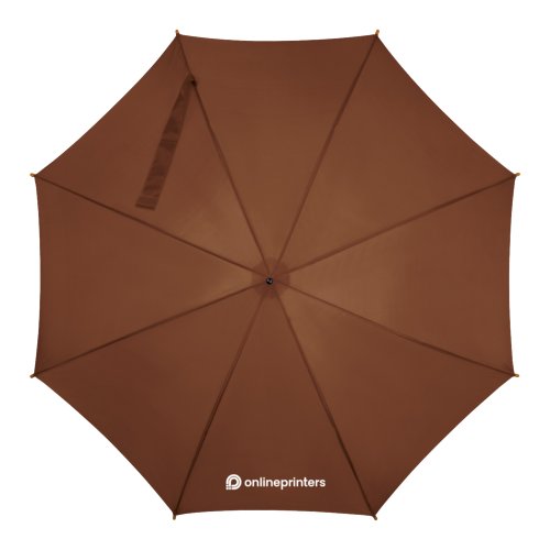 Brown wooden stick umbrella with automatic opening.