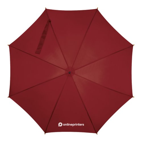 Burgundy wooden walking umbrella with automatic function.