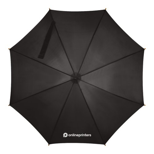 Black wooden automatic umbrella with a wooden handle.