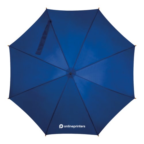Blue wooden automatic umbrella with curved handle.