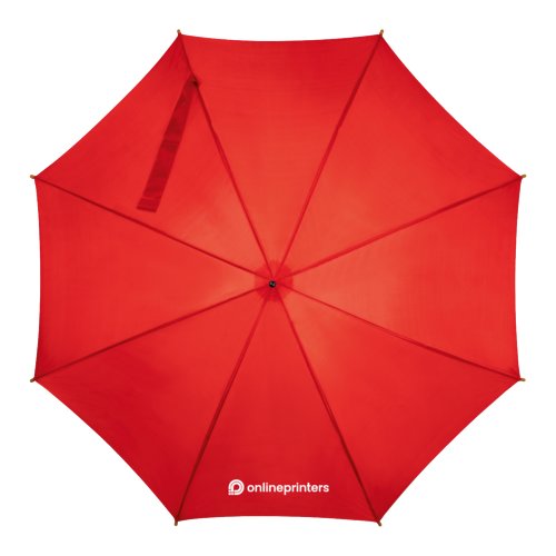 Red wooden stick umbrella with automatic function.