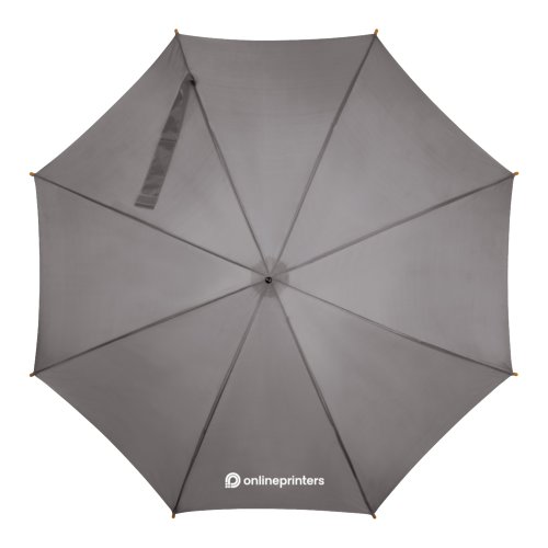 Gray wooden automatic umbrella with cover and wooden handle.