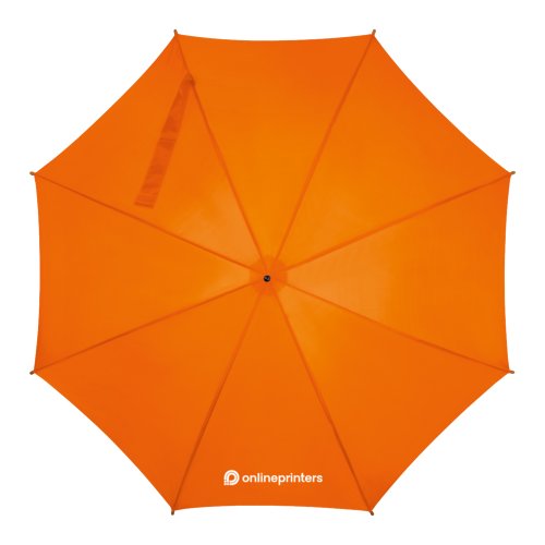 Orange wooden stick umbrella with automatic opening.