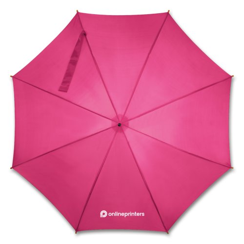 Pink automatic umbrella with wooden handle and matching protective cover.