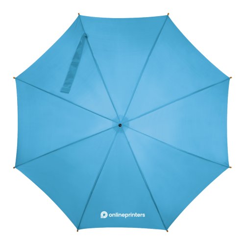 Light blue wooden automatic umbrella with canopy and handle.