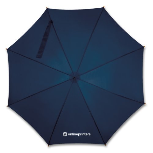 Dark blue automatic stick umbrella with wooden handle.
