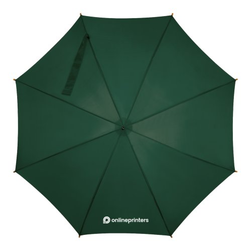 Dark green wooden automatic umbrella with wooden handle.