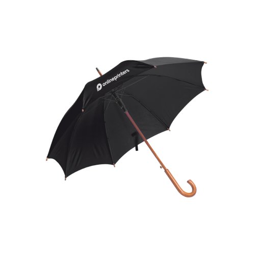 Black wooden automatic umbrella with curved handle.