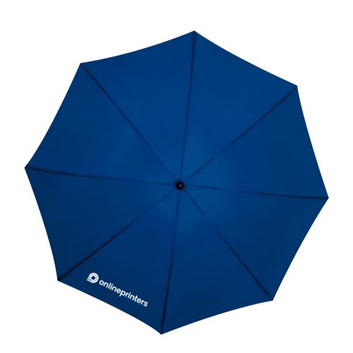 Dark blue storm umbrella with sturdy frame.