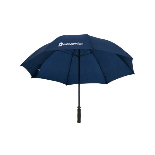 Blue umbrella with sturdy handle and wind protection.