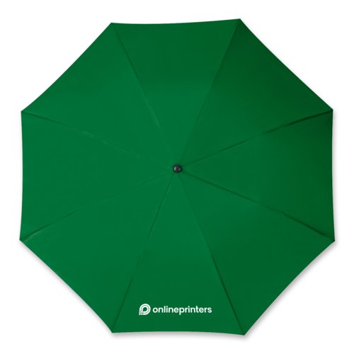 Dark green foldable umbrella with cover and handle.