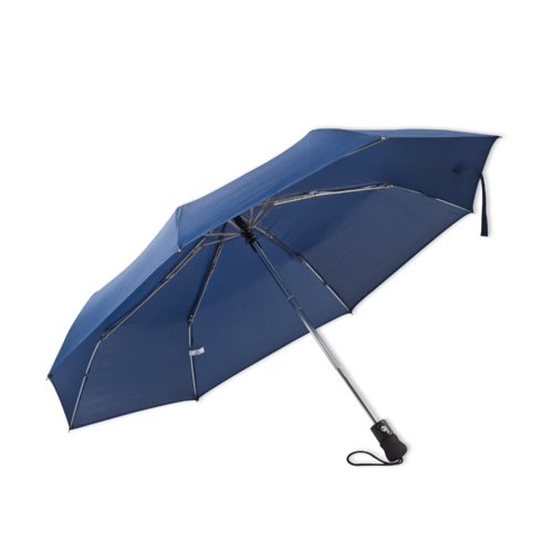Blue automatic folding umbrella with carrying strap.