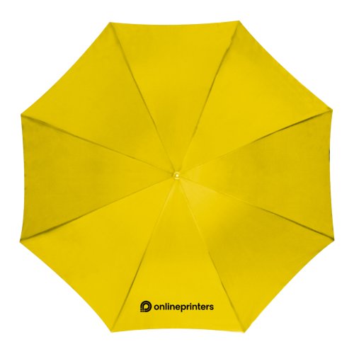Yellow automatic umbrella with cover and handle.