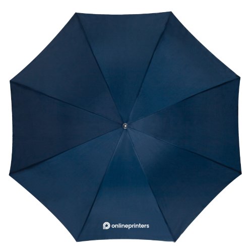 Dark blue automatic umbrella with canopy and handle.