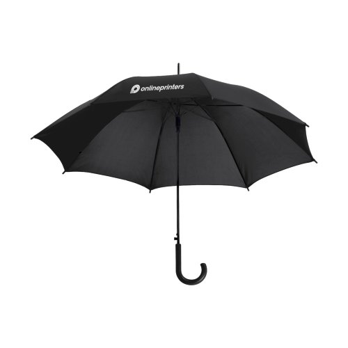 Black automatic umbrella with curved handle.