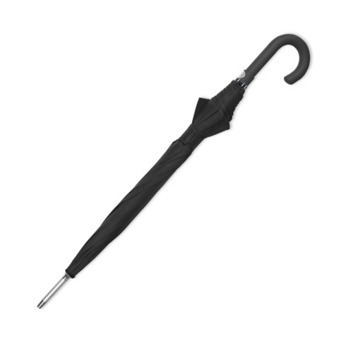 Black automatic umbrella with curved handle.