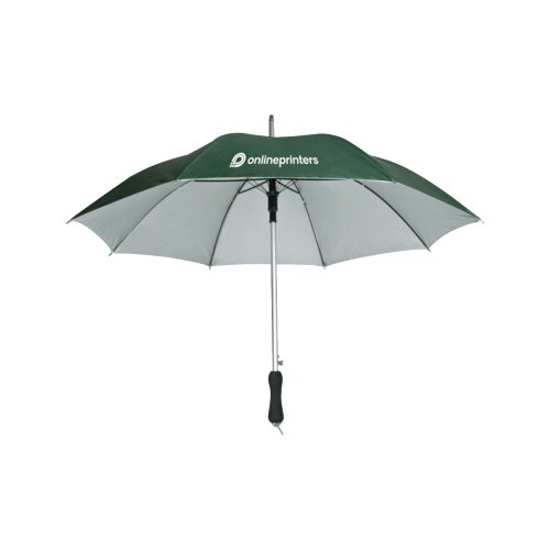 Green automatic umbrella with large diameter and sturdy handle.