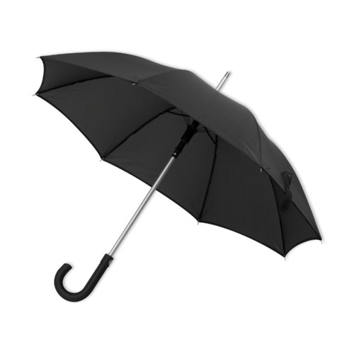 Black automatic umbrella with curved handle.