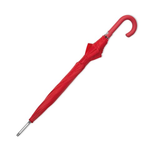 Red automatic umbrella with a curved handle.