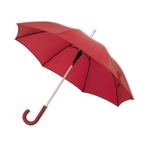 Red automatic umbrella with curved handle.