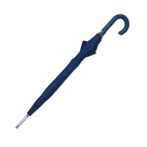Dark blue automatic umbrella with curved handle.