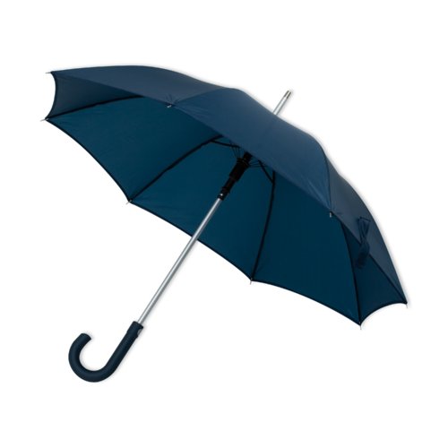 Dark blue automatic umbrella with curved handle.