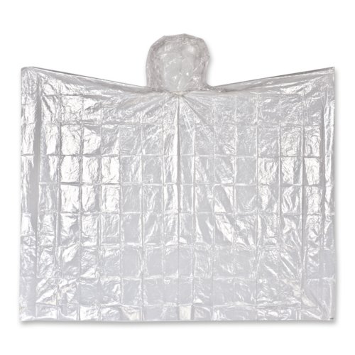 Transparent plastic poncho with hood.