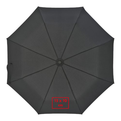 Black pocket umbrella with carrying strap and automatic opening.