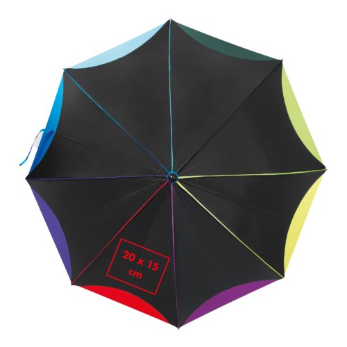 Black automatic umbrella with colorful accents.