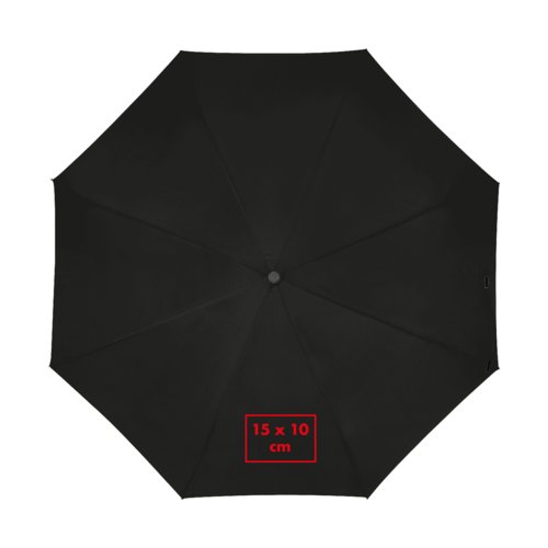 Black umbrella with handle and opening mechanism.