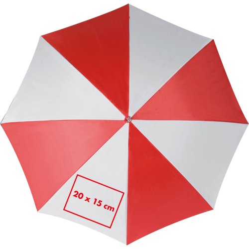 Red and white automatic stick umbrella with large canopy.