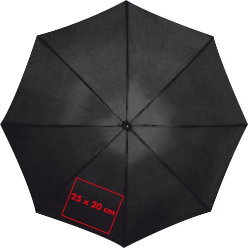 Black fabric umbrella with sturdy frame.