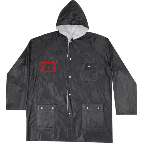 Black raincoat with hood, reversible and pockets.